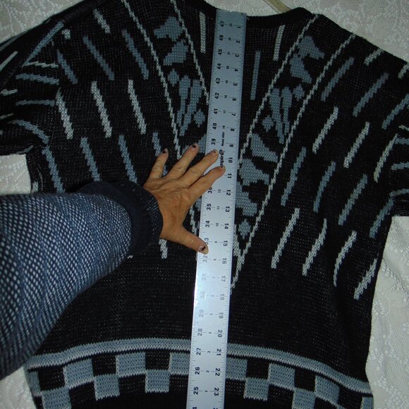 Vintage 80s Wayne Scott Sweater Men's Hand Knit Leather Black White Retro Large - Picture 9 of 10